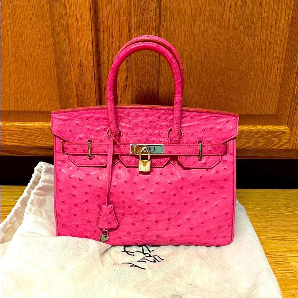 Genuine ostrich leather fuchsia Birkin 30 style purse bag